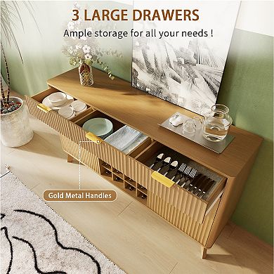 Fluted Wine Cabinet, 2 Side Cabinets, 3 Drawers, Liquor Rack & Glass Holder, Adjustable Shelves