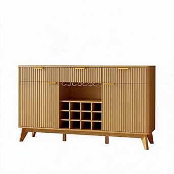 Fluted Wine Cabinet, 2 Side Cabinets, 3 Drawers, Liquor Rack & Glass Holder, Adjustable Shelves