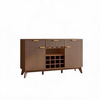 Fluted Wine Cabinet, 2 Side Cabinets, 3 Drawers, Liquor Rack & Glass Holder, Adjustable Shelves