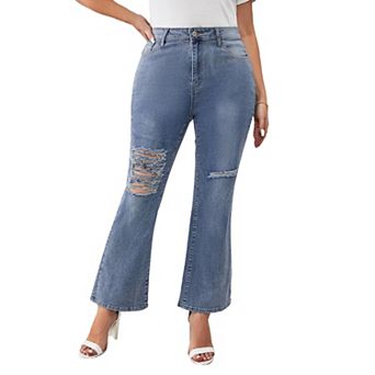 Women's Plus Size Ripped Bell Bottom Jeans Mid Rise Stretchy Cut Out Denim Flare Jeans