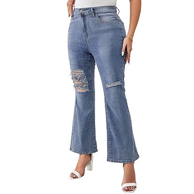 Women's Plus Size Ripped Bell Bottom Jeans Mid Rise Stretchy Cut Out Denim Flare Jeans