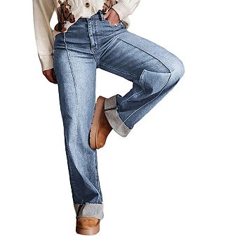 High Waisted Jeans for Women Distressed Stretchy Fit Spliced Rolled Hem Straight Leg Denim Pants