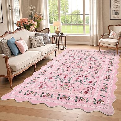 Washable Area Rug Non Slip Low Pile Boho Floral Small Carpet for Bedroom,Bedside,Kitchen,Kids Room