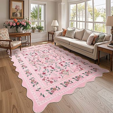 Washable Area Rug Non Slip Low Pile Boho Floral Small Carpet for Bedroom,Bedside,Kitchen,Kids Room