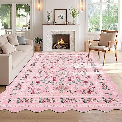 Washable Area Rug Non Slip Low Pile Boho Floral Small Carpet for Bedroom,Bedside,Kitchen,Kids Room