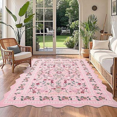 Washable Area Rug Non Slip Low Pile Boho Floral Small Carpet for Bedroom,Bedside,Kitchen,Kids Room
