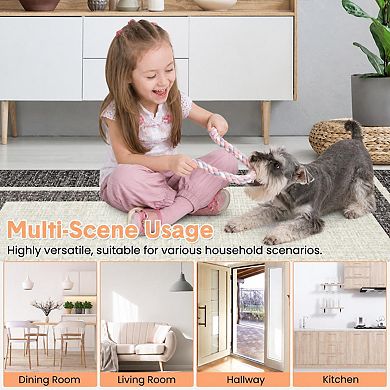 Modern Rectangle Bordered Area Rug, Non-Slip Washable Low Pile Carpet for Living Room Bedroom Decor