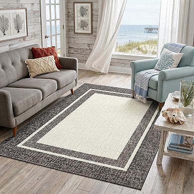 Modern Rectangle Bordered Area Rug, Non-Slip Washable Low Pile Carpet for Living Room Bedroom Decor