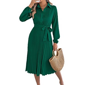 Women's Shirt Collar Long Sleeve Pleated Midi Dress, Belted Casual Dress
