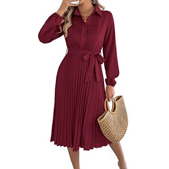 Women's Shirt Collar Long Sleeve Pleated Midi Dress, Belted Casual Dress