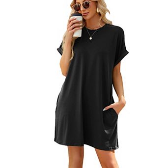 Women's Crew Neck Rolled Sleeve T-Shirt Dress, Pocketed Casual Swing Dress