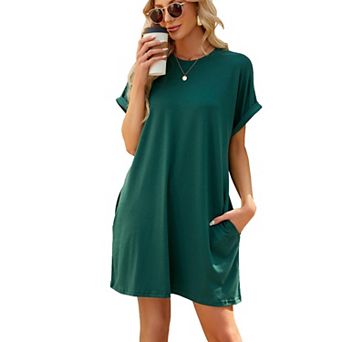 Women's Crew Neck Rolled Sleeve T-Shirt Dress, Pocketed Casual Swing Dress