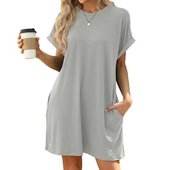 Women's Crew Neck Rolled Sleeve T-Shirt Dress, Pocketed Casual Swing Dress