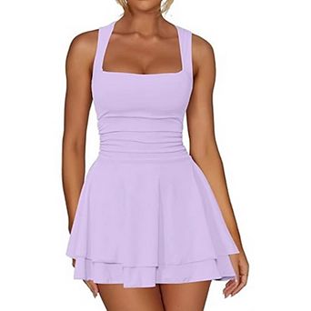 Women's Square Neck Sleeveless Ruched Mini Dress, Layered Ruffle Casual Dress