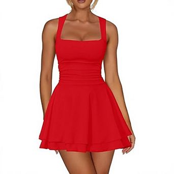 Women's Square Neck Sleeveless Ruched Mini Dress, Layered Ruffle Casual Dress