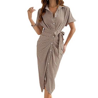 Women's Shirt Collar Short Sleeve Midi Dress, Geometric Print Belted Ruched Dress
