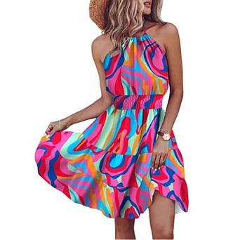 Women's Halter Neck Smocked Waist Ruffle Mini Dress, Abstract Print Casual Dress