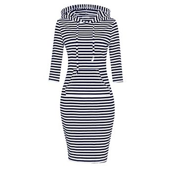 Women's Hooded Bodycon Midi Dress, 3/4 Sleeve Pocketed Casual Dress