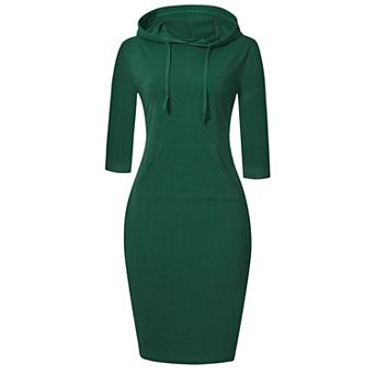 Women's Hooded Bodycon Midi Dress, 3/4 Sleeve Pocketed Casual Dress