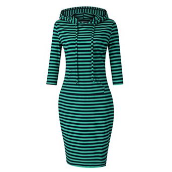 Women's Hooded Bodycon Midi Dress, 3/4 Sleeve Pocketed Casual Dress
