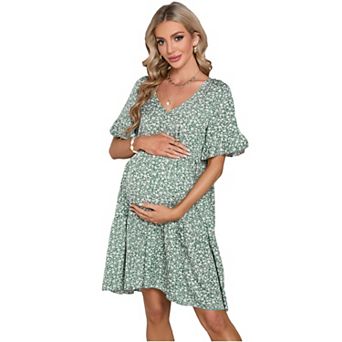 Women Maternity Dress V Neck Short Sleeves Ruffle Flowy Summer Boho Dress Baby Shower Photoshoot