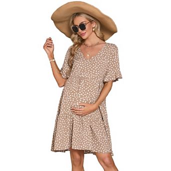 Women Maternity Dress V Neck Short Sleeves Ruffle Flowy Summer Boho Dress Baby Shower Photoshoot