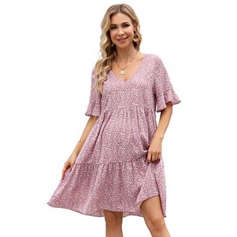 Women Maternity Dress V Neck Short Sleeves Ruffle Flowy Summer Boho Dress Baby Shower Photoshoot