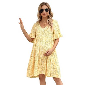 Women Maternity Dress V Neck Short Sleeves Ruffle Flowy Summer Boho Dress Baby Shower Photoshoot