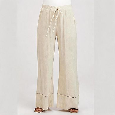 Women's Maternity Linen Blend Wide Leg Pants, Drawstring Waist Casual Trousers