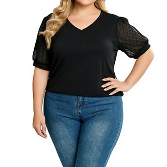 Plus Size Women's V Neck T Shirt Puff Short Sleeve Mesh Swiss Dot Blouse Casual Summer Tops