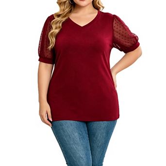 Plus Size Women's V Neck T Shirt Puff Short Sleeve Mesh Swiss Dot Blouse Casual Summer Tops