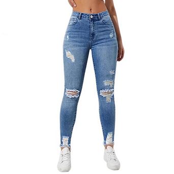Women's High Waist Stretch Distressed Skinny Jeans with Raw Hem