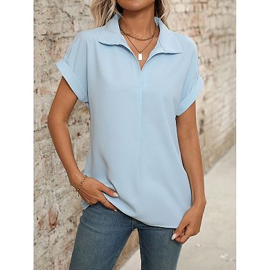 Women's V-Neck Short Sleeve Blouse, Loose Casual Collared Shirt