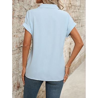 Women's V-Neck Short Sleeve Blouse, Loose Casual Collared Shirt