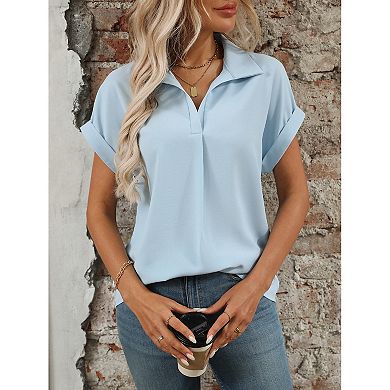 Women's V-Neck Short Sleeve Blouse, Loose Casual Collared Shirt