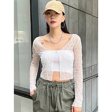 Women's Lace Cropped Cardigan, Long Sleeve V-Neck Button Front Mesh Top