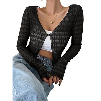 Women's Lace Cropped Cardigan, Long Sleeve V-Neck Button Front Mesh Top