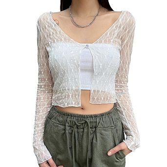 Women's Lace Cropped Cardigan, Long Sleeve V-Neck Button Front Mesh Top