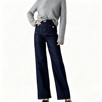 Women's High Waist Wide Leg Jeans, Loose Fit Patch Pocket Denim Trousers