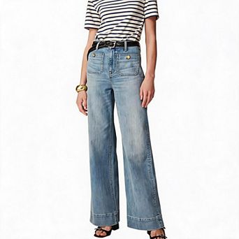 Women's High Waist Wide Leg Jeans, Loose Fit Patch Pocket Denim Trousers