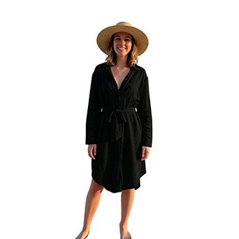 Women's Long Sleeve Shirt Dress, Belted Waist Button Down Beach Cover-Up Dress