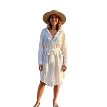 Women's Long Sleeve Shirt Dress, Belted Waist Button Down Beach Cover-Up Dress