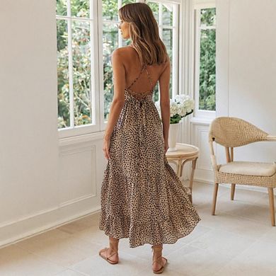 Women's Leopard Spaghetti Strap Maxi Dress Backless Tie-Back Tiered Flowy Sundress
