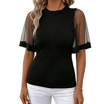 Women's Mesh Short Sleeve Top Crew Neck Sheer Patchwork Blouse Casual T Shirt