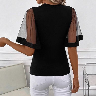 Women's Mesh Short Sleeve Top Crew Neck Sheer Patchwork Blouse Casual T Shirt
