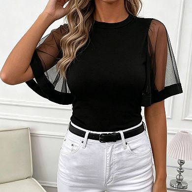 Women's Mesh Short Sleeve Top Crew Neck Sheer Patchwork Blouse Casual T Shirt