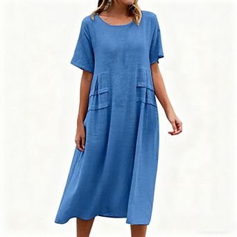 Women's Cotton Blend Casual Midi Dress, Round Neck Short Sleeve Loose Flowy Dress