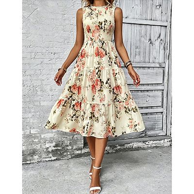 smocked printed sleeveless a line dress Womens Summer Floral Dresses Sleeveless Smocked Maxi Dress Spaghetti Strap  A Line Ruffle Flowy Beach Long Dress Blue Medium