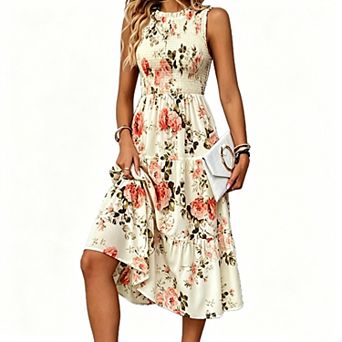 Women's Floral Print Sleeveless Midi Dress, Smocked Tiered A-Line Casual Dress