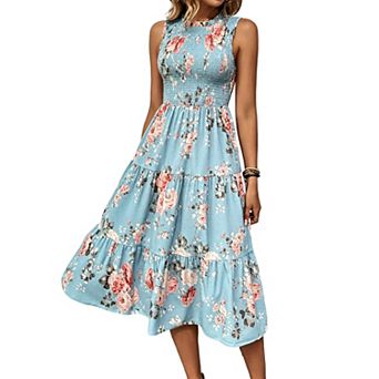 Women's Floral Print Sleeveless Midi Dress, Smocked Tiered A-Line Casual Dress